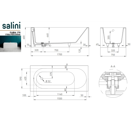 Salini FABIA 170 –  Ванна прямоугольная пристенная