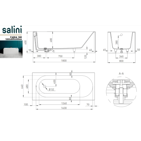 Salini FABIA 180 –  Ванна прямоугольная пристенная