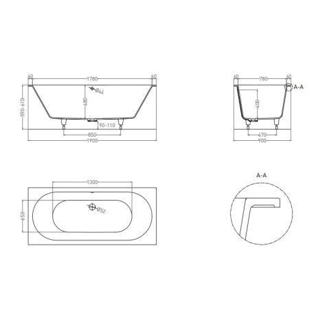 Salini ORNELLA AXIS 190 – Встраиваемая прямоугольная ванна из литого мрамора